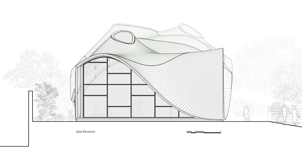 Undulating roof covers Cocoon School for unobstructed space in India 