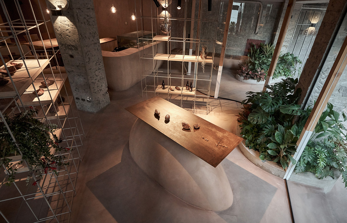 Soar Design Studio adds greenery and smooth surfaces to chocolate store offering garden-like space