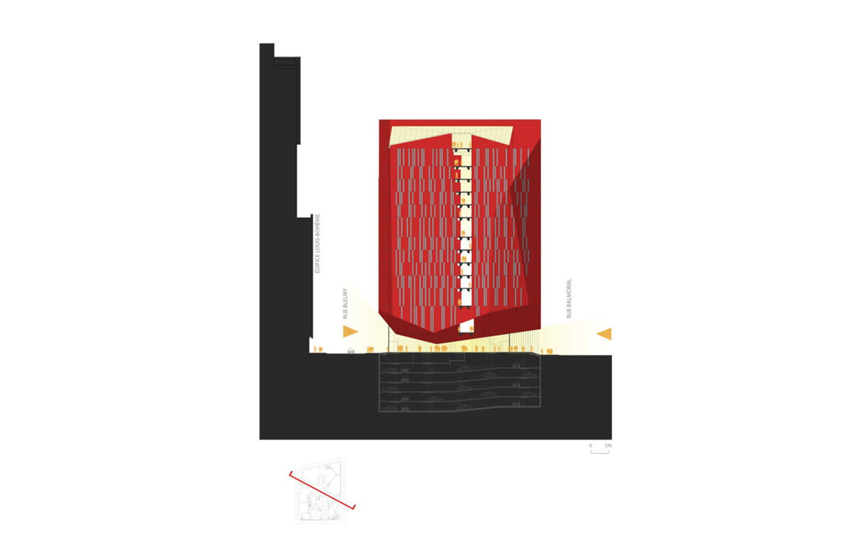 Provencher_Roy carves mixed-use office tower in Montréal with a red-colored diagonal slit