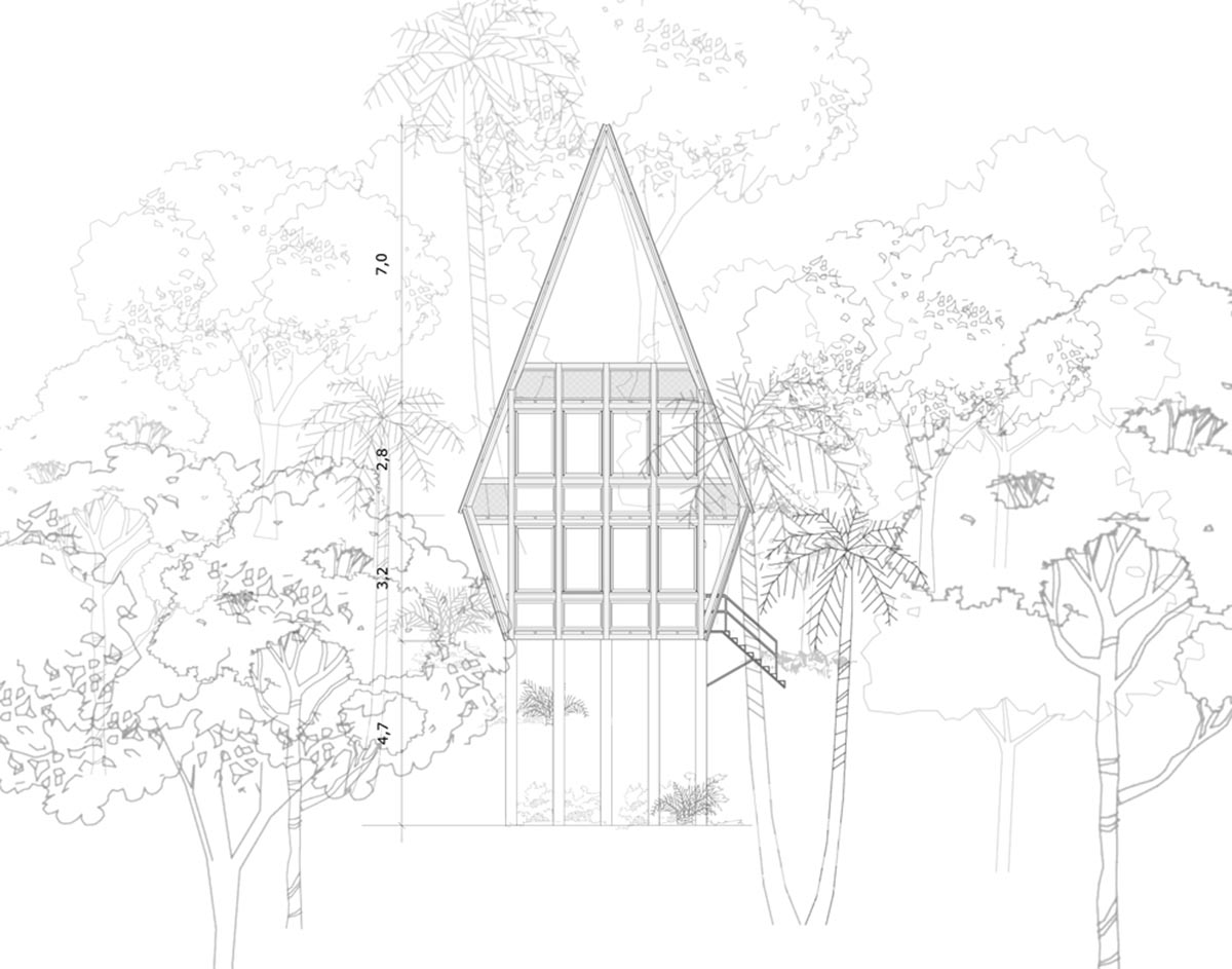 Macaco House is lifted on pillars to have zero interference in vegetation of Brazilian forest