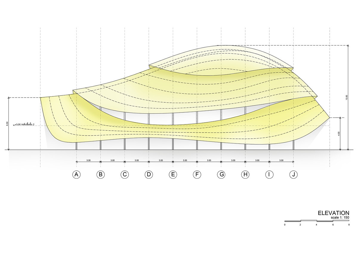 CLA used organic flowing curves with newly invented bamboo trusses for Bamboo Sports Hall in Thailand