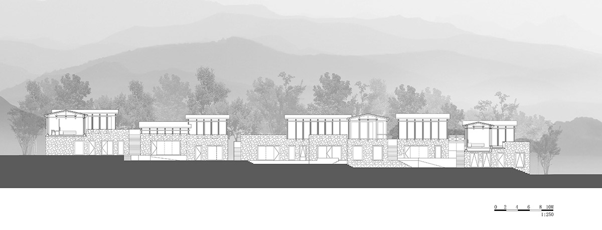 Penda China built resort with solid stones and wood structures evoking folk houses of China 