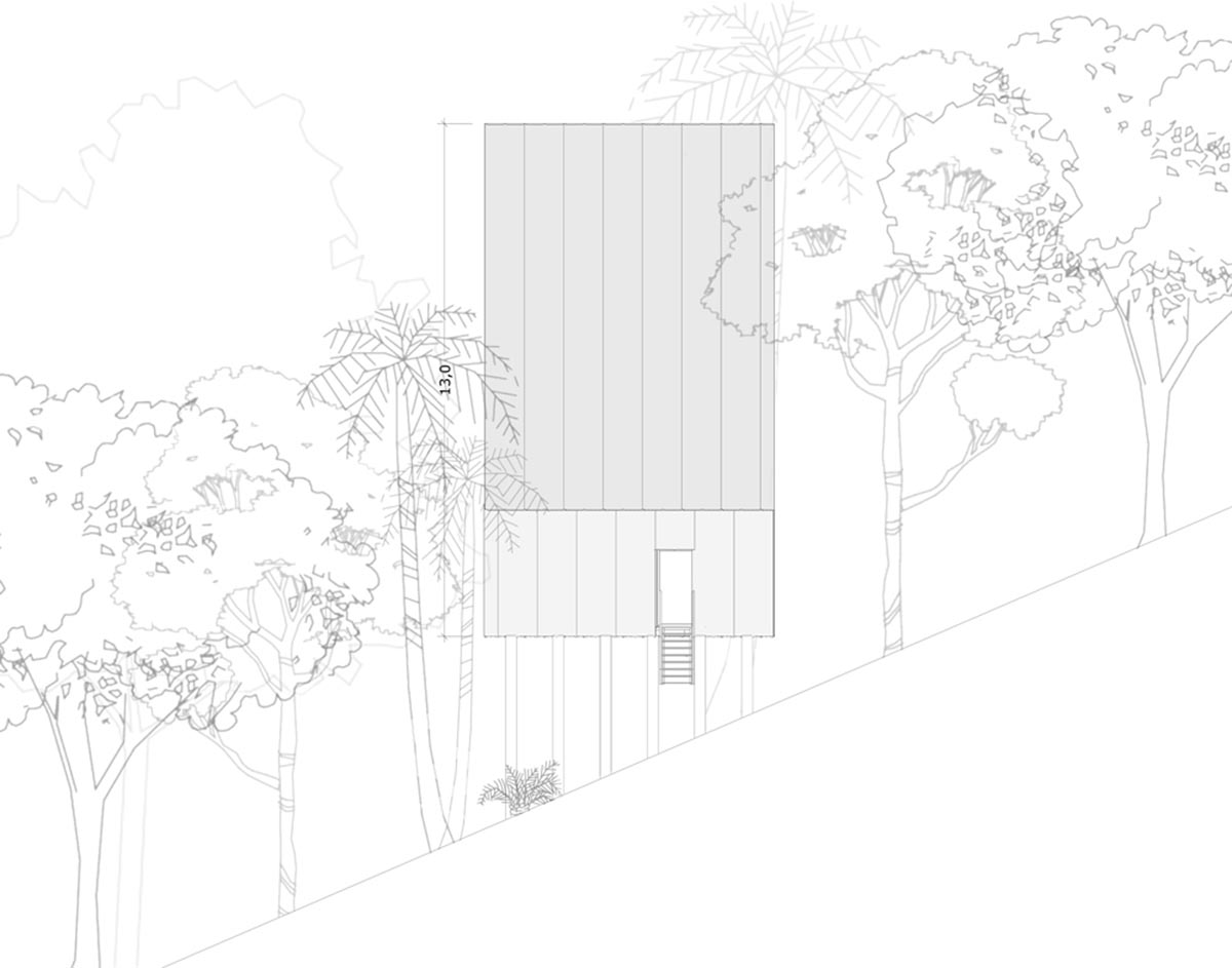 Macaco House is lifted on pillars to have zero interference in vegetation of Brazilian forest