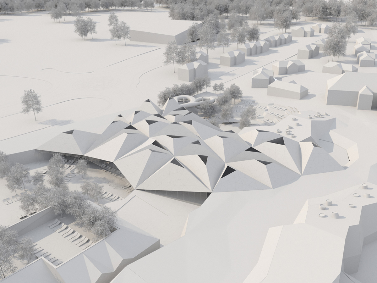 ENOTA's new spa complex made of tetrahedral volumes is spread as part of existing rural buildings