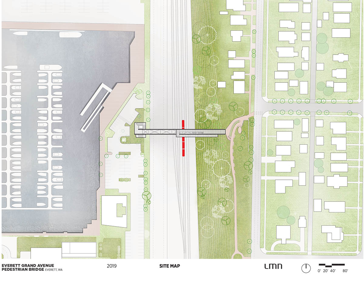 LMN Architects designs new pedestrian bridge with weathered-steel trusses in Everett Washington