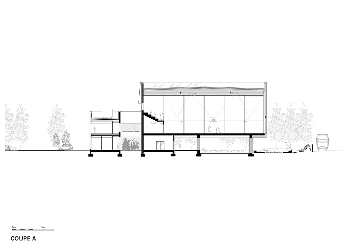 The gold-colored, folded facade gives a striking and symbolic presence to a new sports complex 