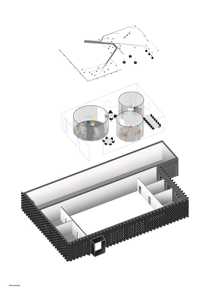 Architects use more than 900 black plastic seats for a gallery to create easily remembered building