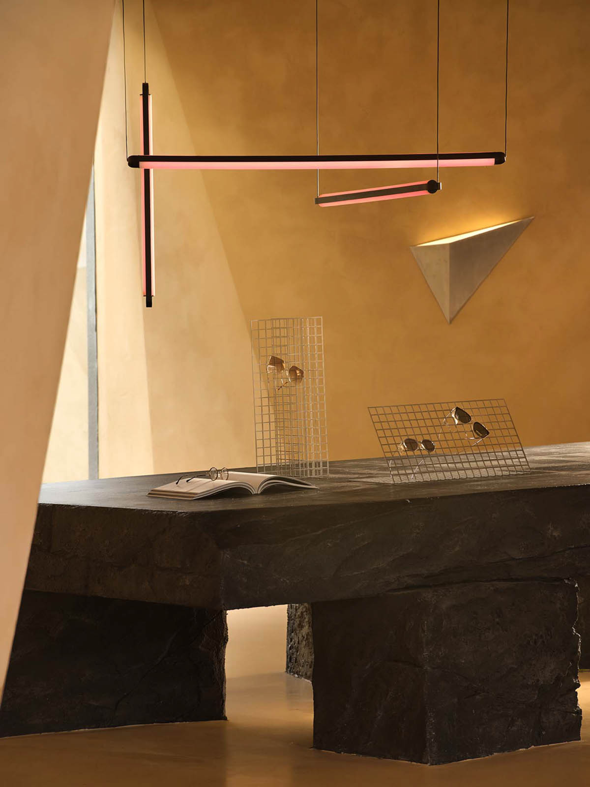 Eyewear showroom features folded surfaces blending with soft light in Zhejiang, China