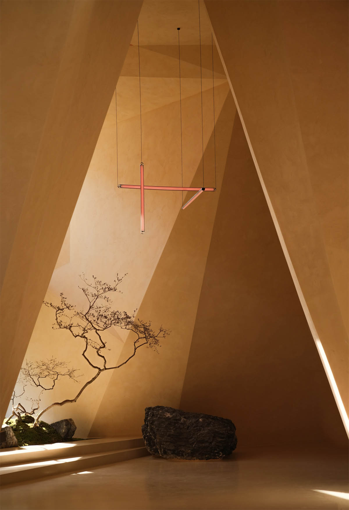 Eyewear showroom features folded surfaces blending with soft light in Zhejiang, China