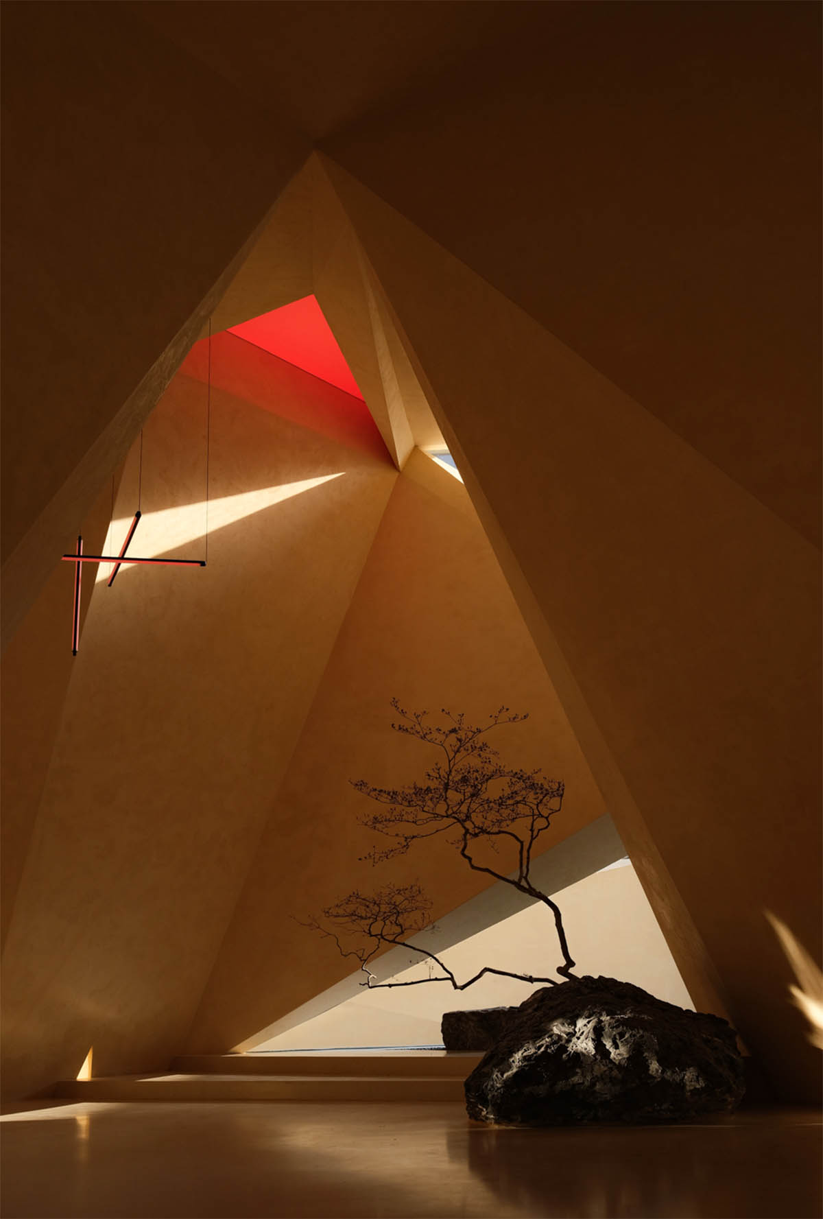 Eyewear showroom features folded surfaces blending with soft light in Zhejiang, China