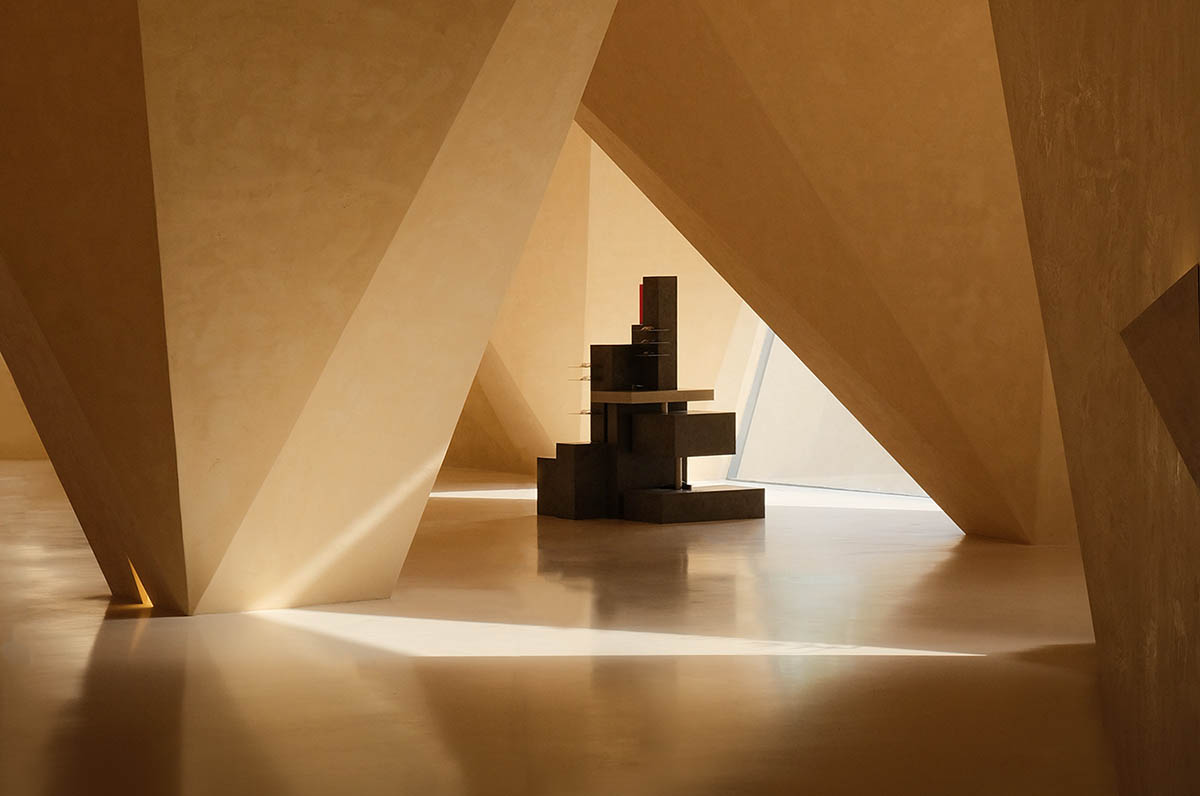 Eyewear showroom features folded surfaces blending with soft light in Zhejiang, China