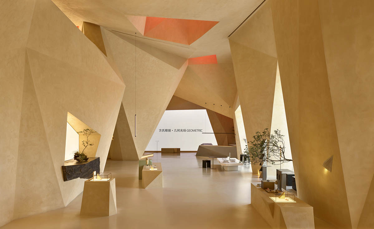 Eyewear showroom features folded surfaces blending with soft light in Zhejiang, China