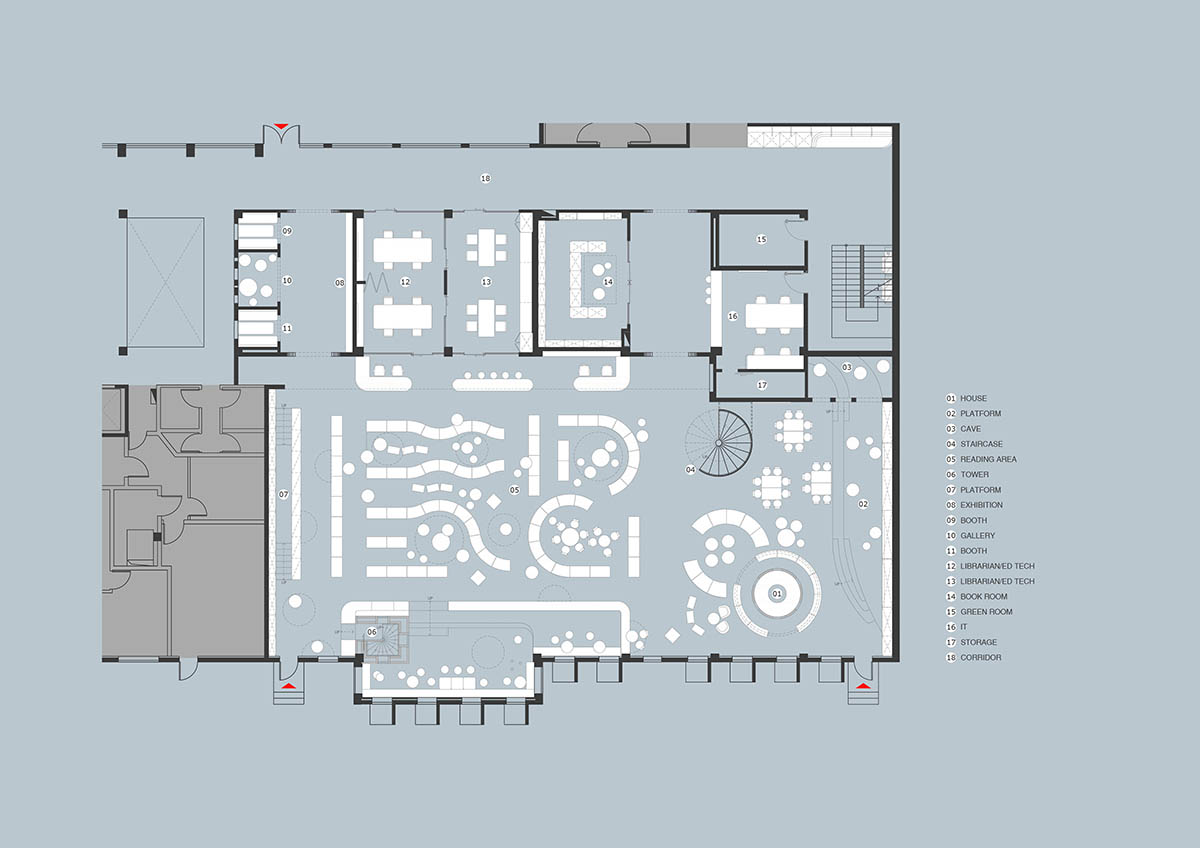 Elementary school library features vibrant colors and playful elements, resembling a fairy tale 