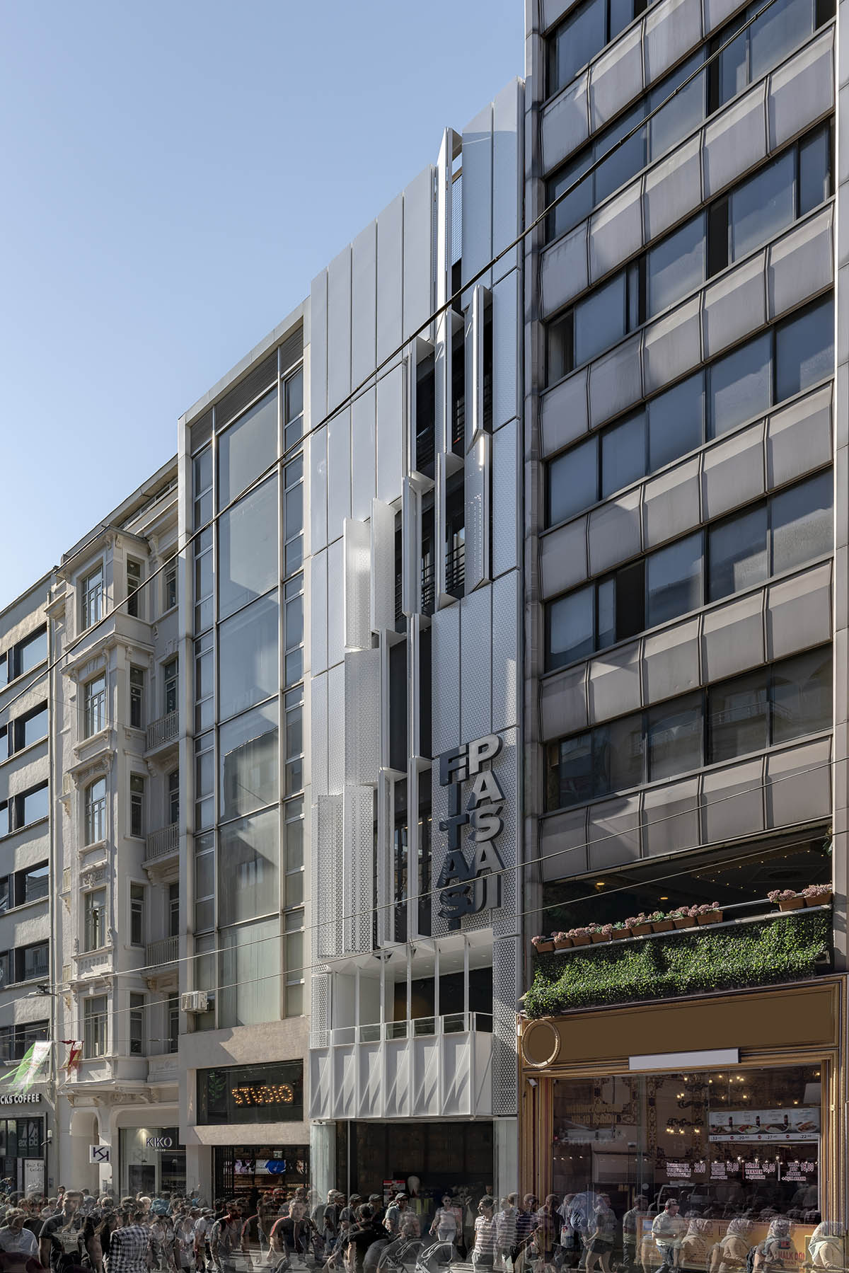 Salon Alper Derinbogaz renovates historic arcade passage with angular perforated panels in Istanbul