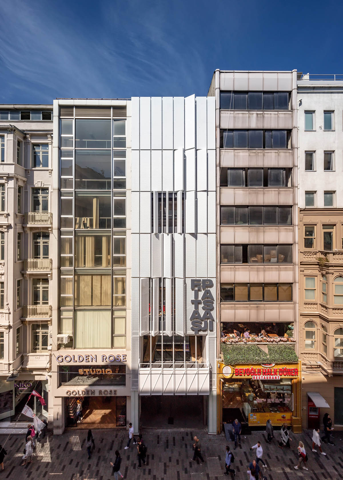 Salon Alper Derinbogaz renovates historic arcade passage with angular perforated panels in Istanbul