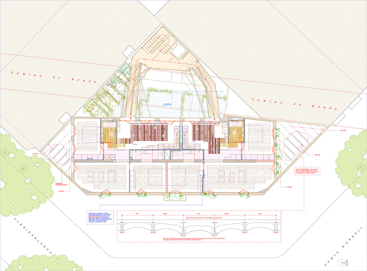 La Carboneria housing block features a dramatic courtyard with crossing beams in Barcelona