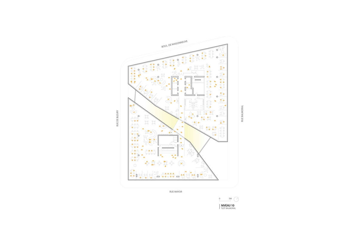 Provencher_Roy carves mixed-use office tower in Montréal with a red-colored diagonal slit