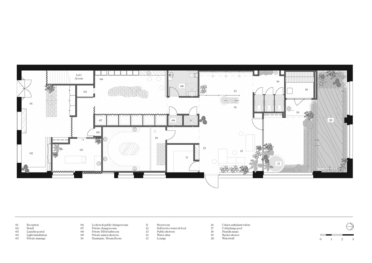 Communal bathhouse features earthy tones and warm materials in the