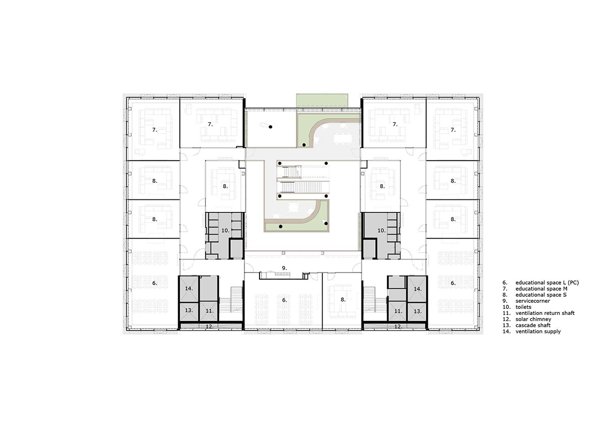 Untreated tree trunks pass through the central staircase of the Langeveld Building in Rotterdam