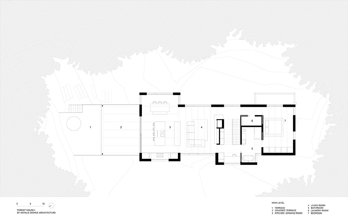 Natalie Dionne Architecture built wooden house raised on colums on a rocky landscape in Canada