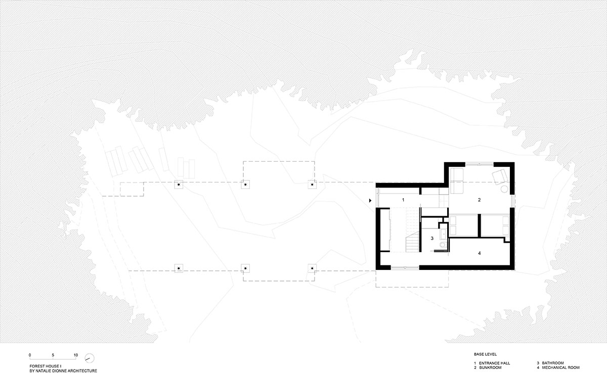 Natalie Dionne Architecture built wooden house raised on colums on a rocky landscape in Canada