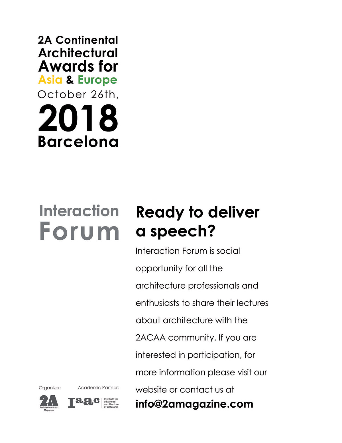 2A Continental Architectural Awards for Asia and Europe 2018