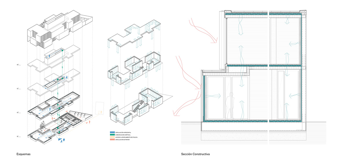 White cubic volumes combined with inward system of patios to create zero-energy Port Operations HQ