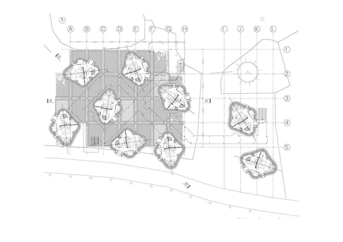 Hyperbolic vertical grottos are activated by a network of floating wooden bridges in China