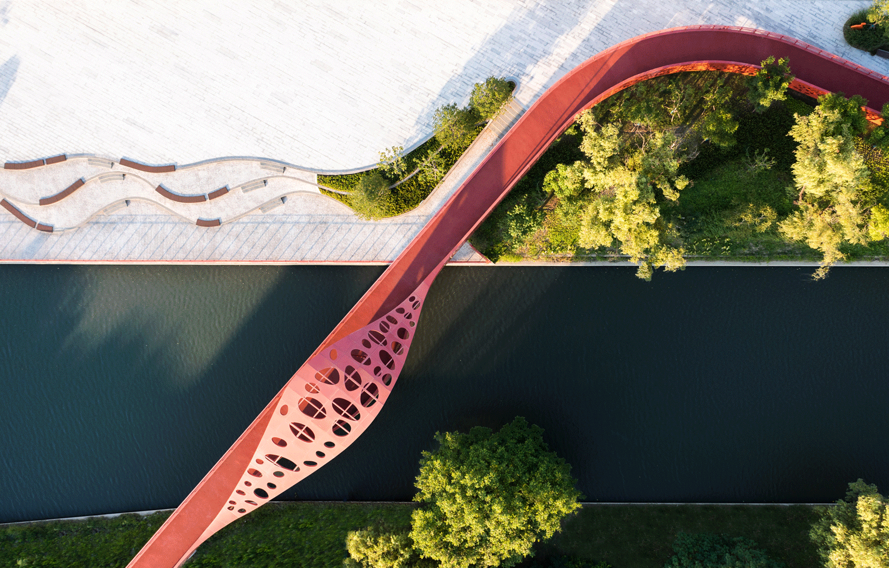 SPARK translates diatom into red-colored 3D-motifed pedestrian bridges and walkways in Shanghai 