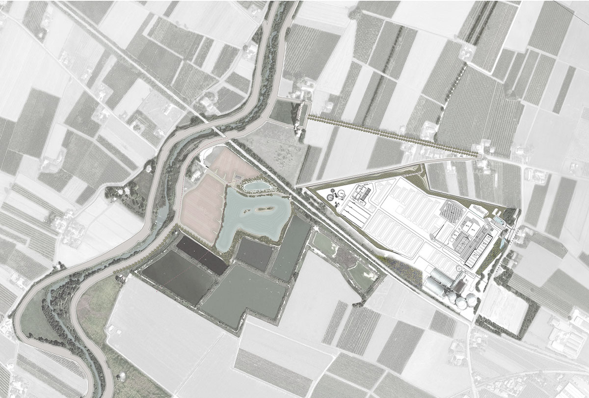 Large triangular surfaces camouflage this bioenergy power plant designed by Giovanni Vaccarini