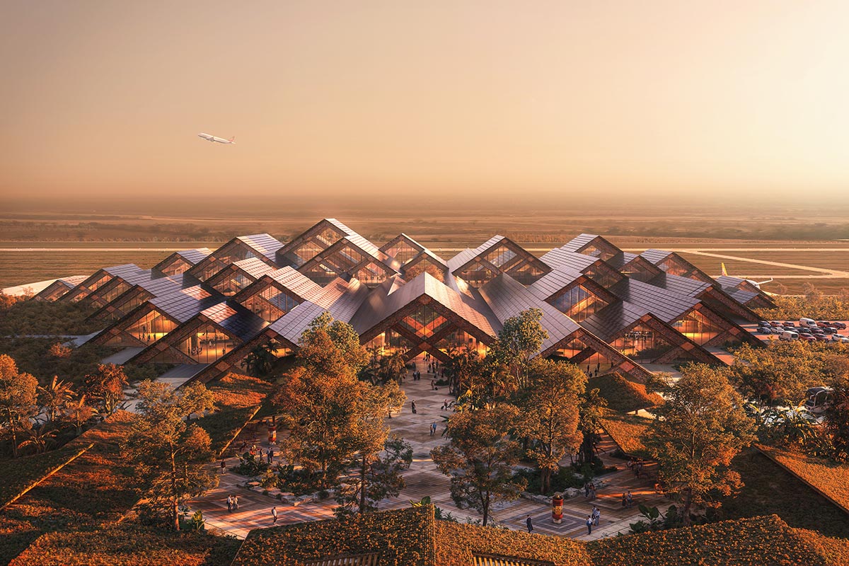 BIG envisions Bhutan international airport with diagrid structure adorned with painted carvings