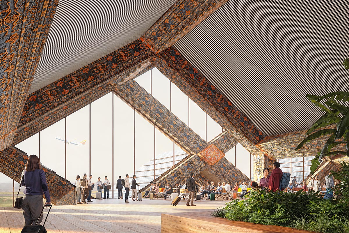 BIG envisions Bhutan international airport with diagrid structure adorned with painted carvings