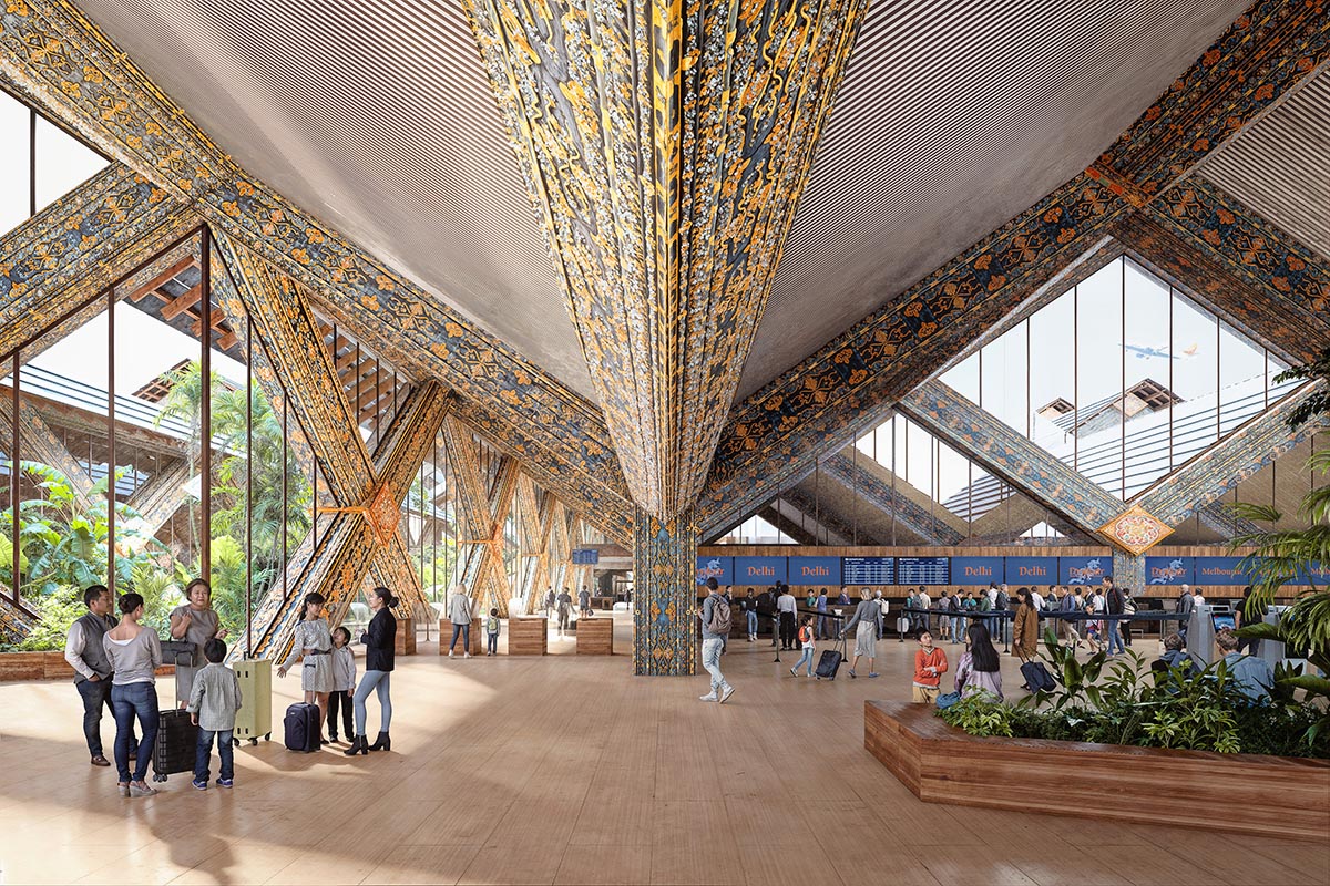 BIG envisions Bhutan international airport with diagrid structure adorned with painted carvings