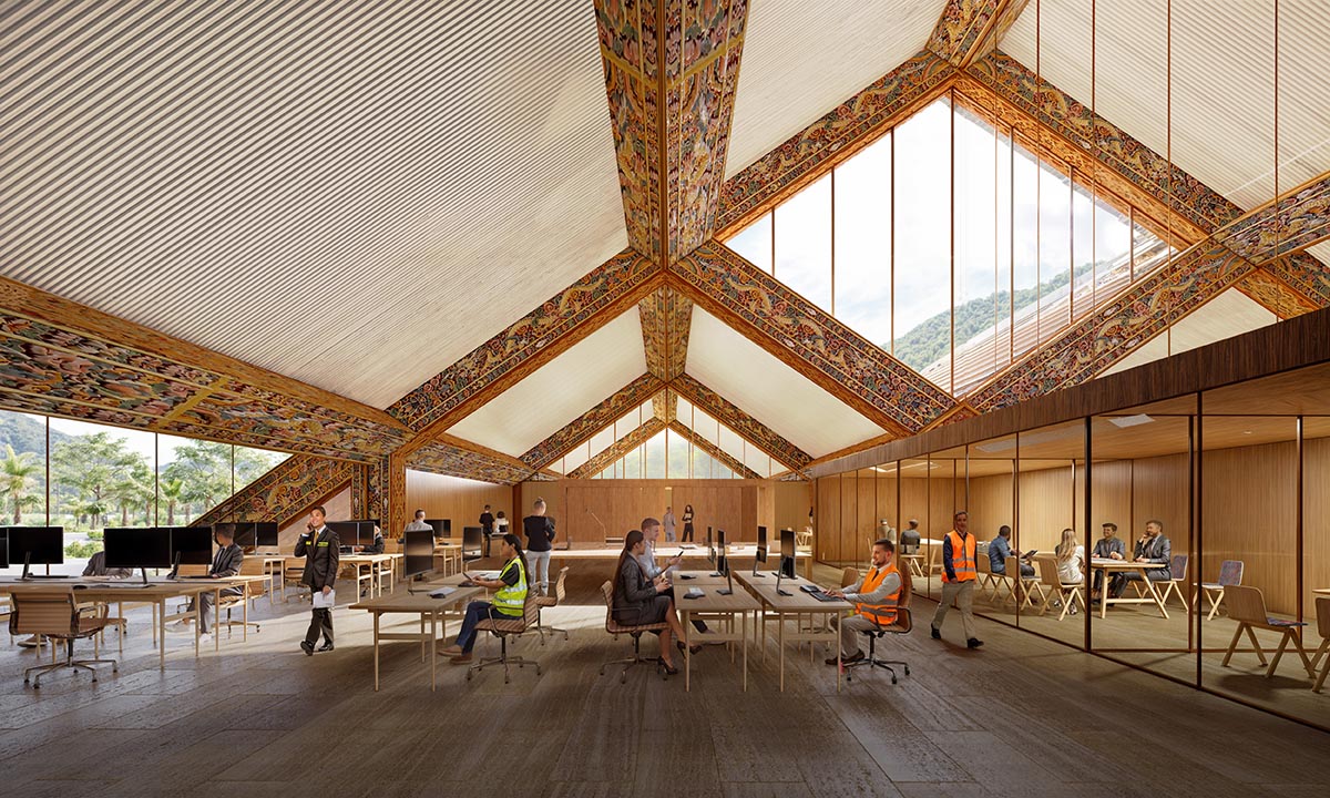 BIG envisions Bhutan international airport with diagrid structure adorned with painted carvings