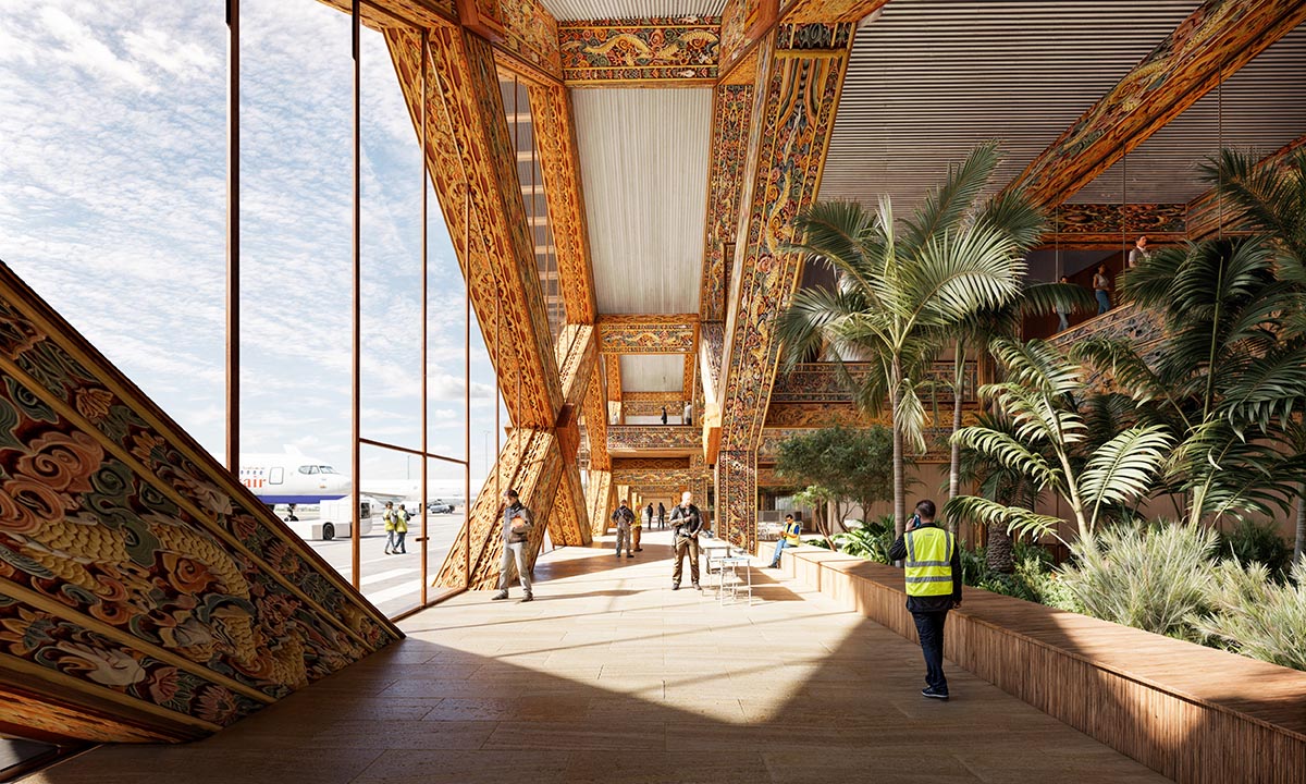 BIG envisions Bhutan international airport with diagrid structure adorned with painted carvings