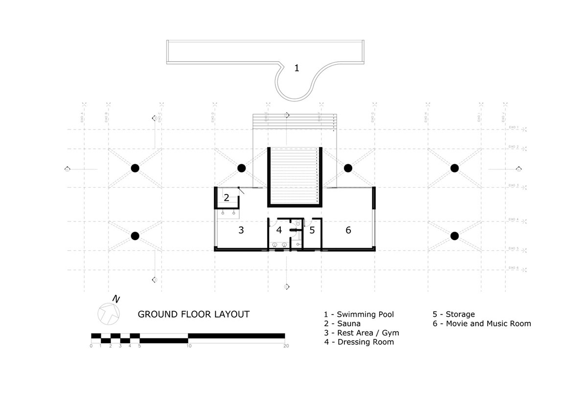 Only eight points support this linear spaceship-looking volume in the hills of Rio de Janeiro