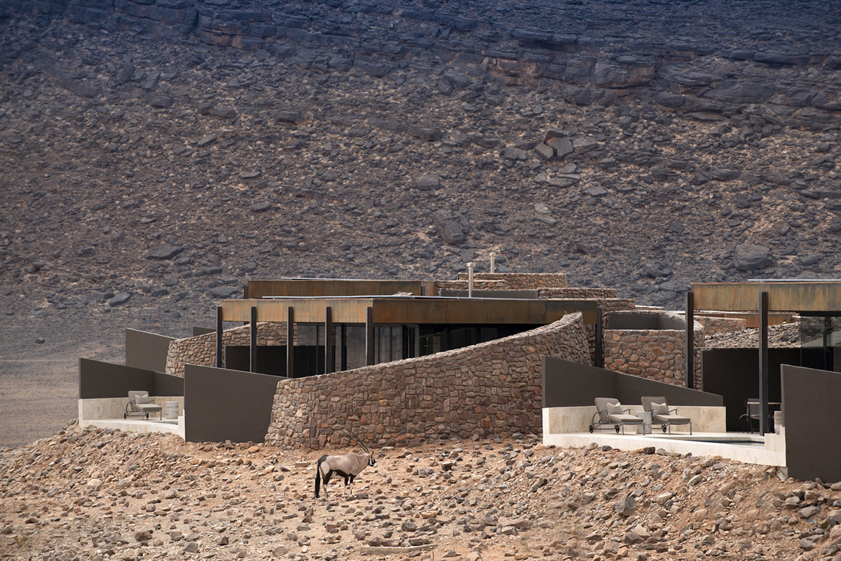 Fox Browne Creative and Jack Alexander design pavilion-like steel lodges on a desert of Namibia