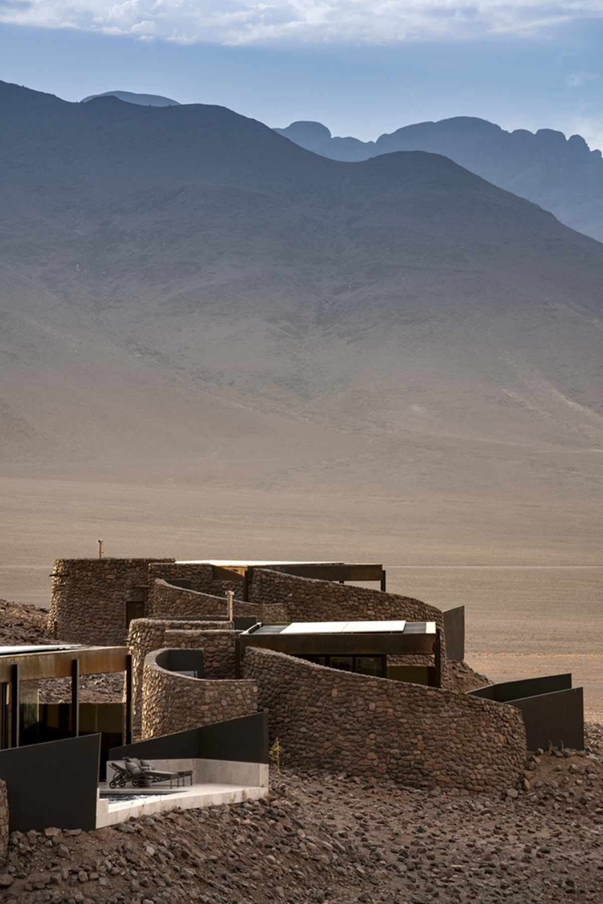 Fox Browne Creative and Jack Alexander design pavilion-like steel lodges on a desert of Namibia