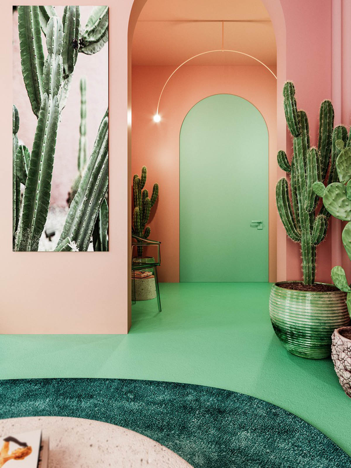 Reutov Design creates tropical interior for apartment with terracotta-pink walls, bulbous furnitures