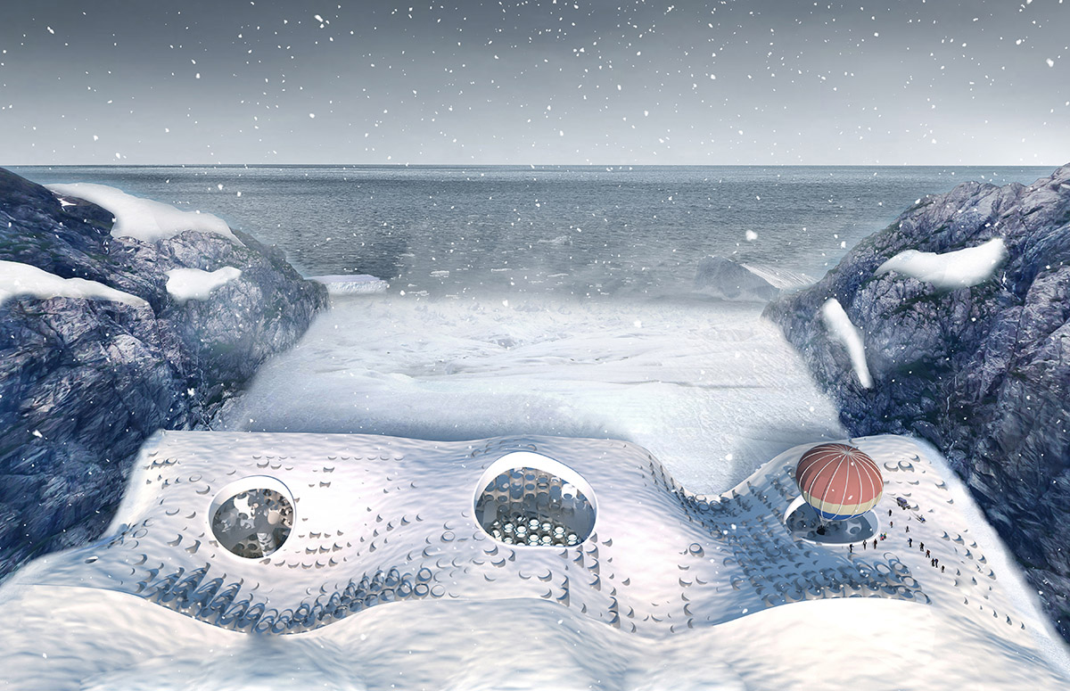 This wavy Ice Dam Skyscraper helps to preserve the melting of glaciers between canyons