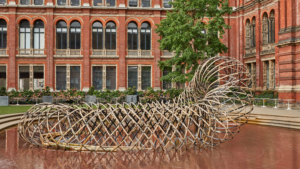 Kengo Kuma designed cocoon-like installation that combines bamboo and carbon fibre at LDF