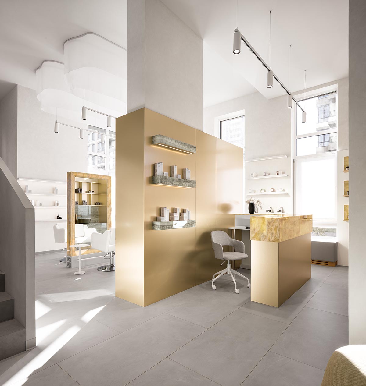 Mirrors and golden frames create a sense of care and deep comfort for beauty salon in Ukraine