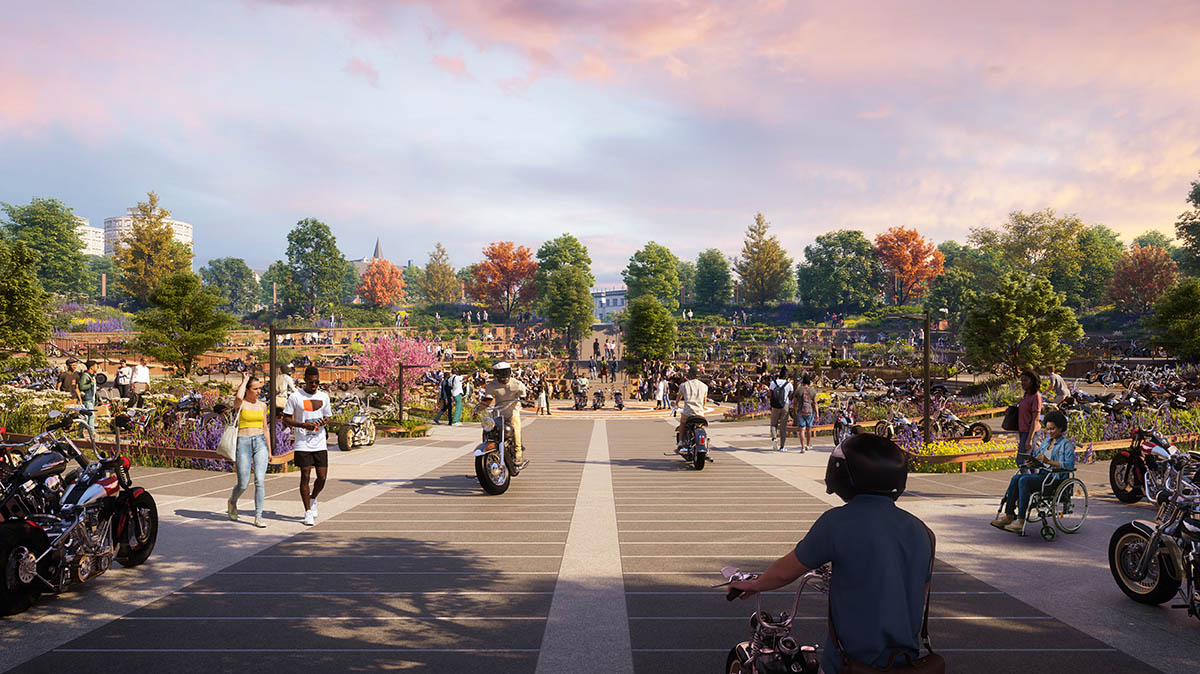 Heatherwick Studio designs community park with motorcycle hub for Harley-Davidson in Milwaukee