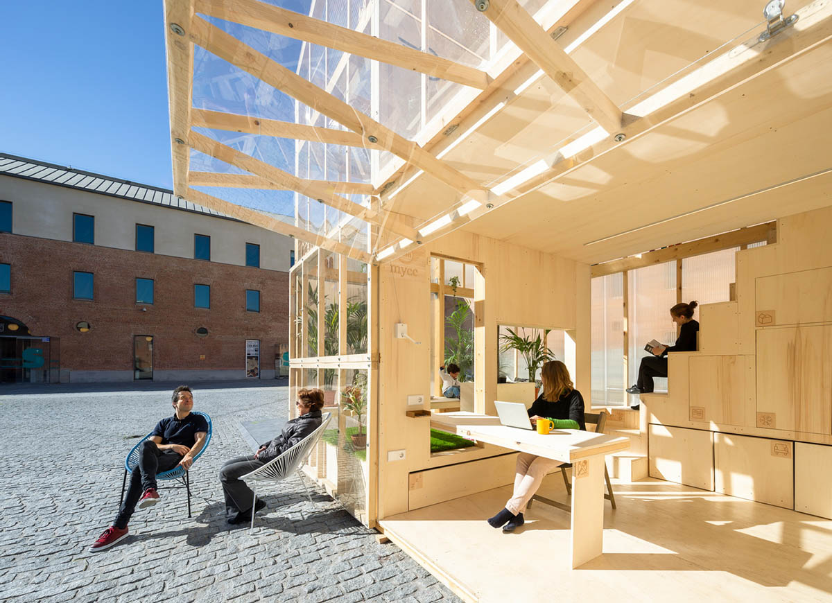 MYCC combines timber and polycarbonate for this multi-floor temporary pavilion in Madrid