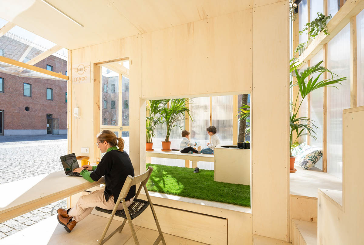 MYCC combines timber and polycarbonate for this multi-floor temporary pavilion in Madrid