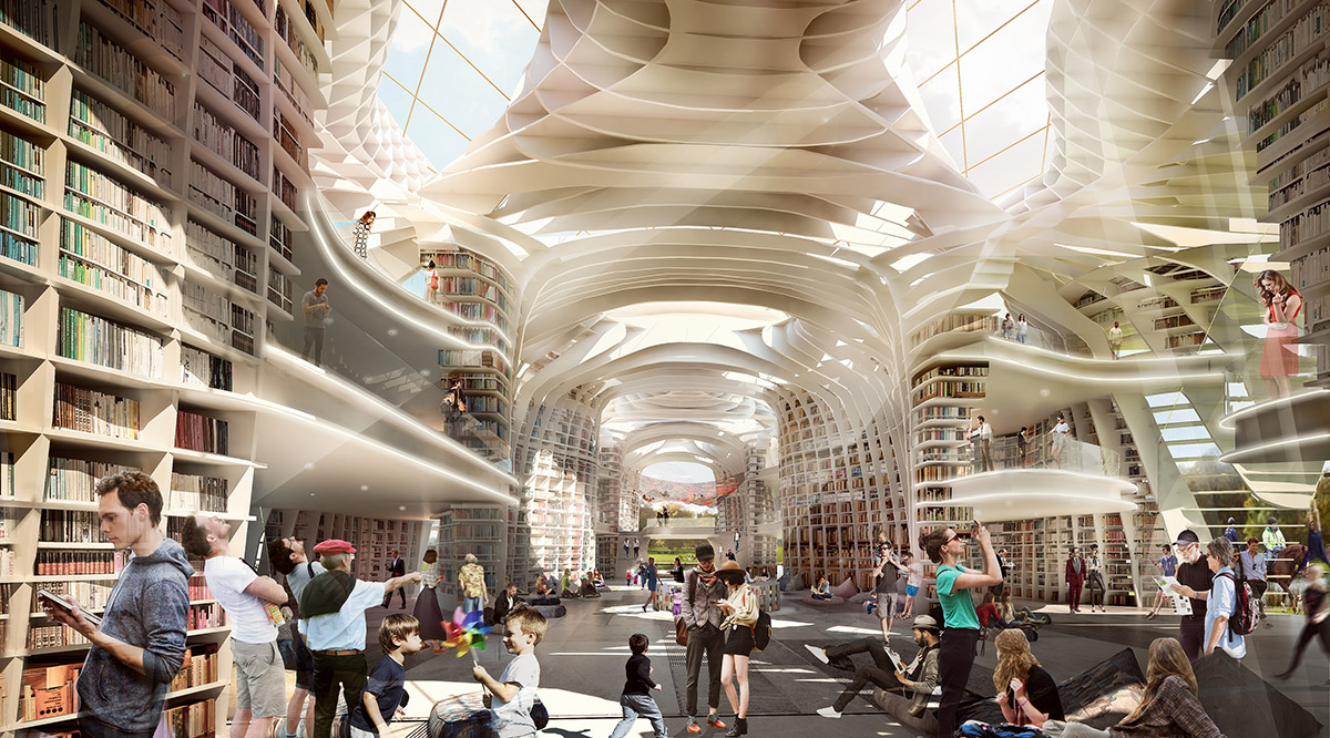 GAD proposes immersive organic-shaped library to generate futuristic reading and media spaces