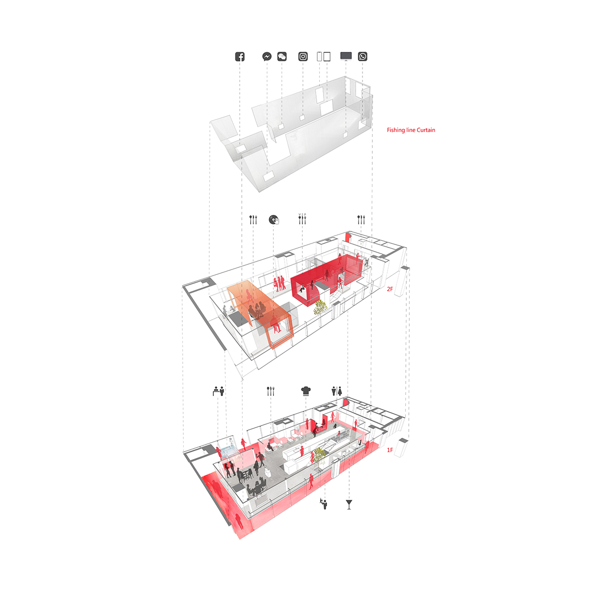 Waterfrom Design completes Doko Bar with giant bloody red boxes in Shenzhen