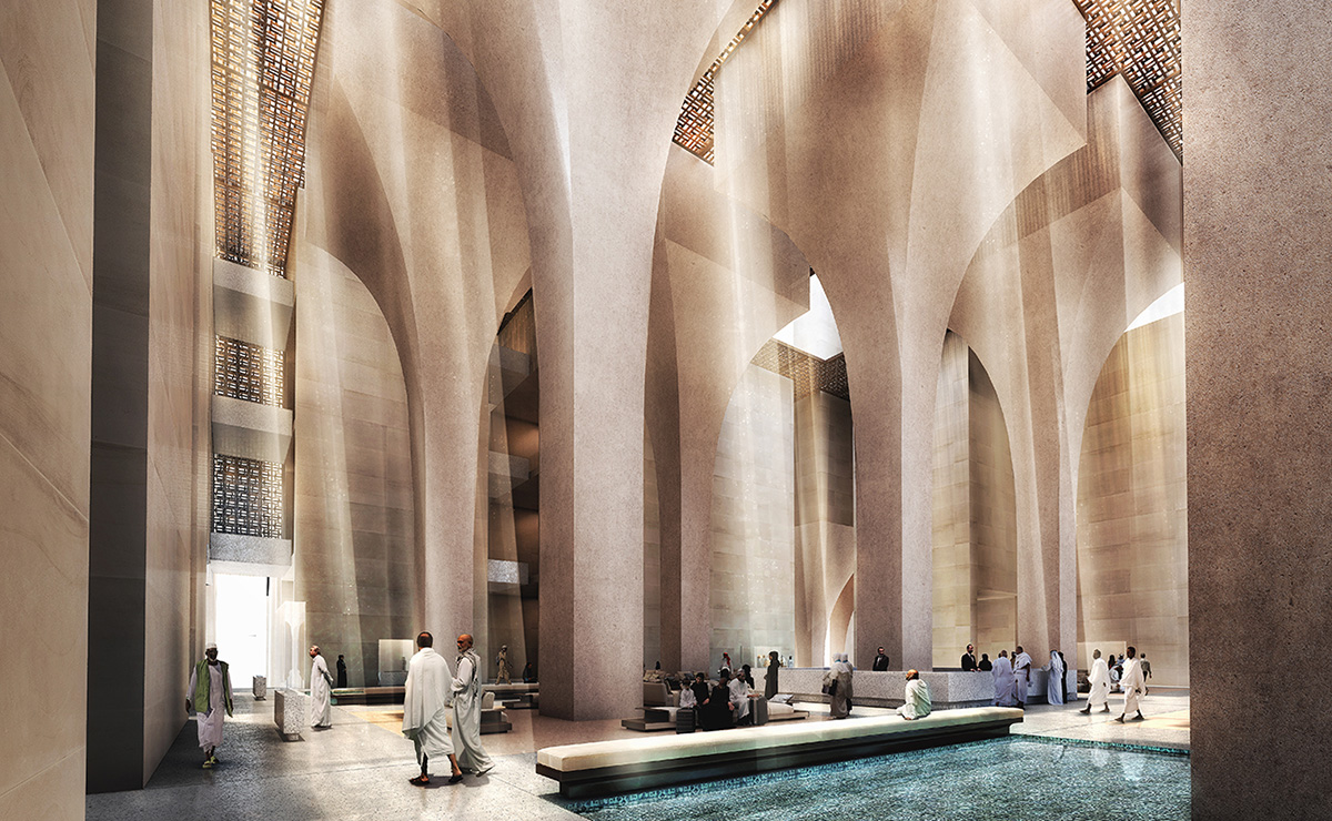Giant cascading columns feature in Foster+Partners’ luxury hotel and apartments for Mecca