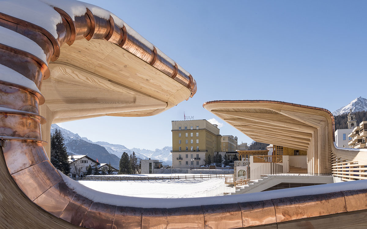 Foster+Partners renovates historic Kulm Eispavillon with wooden-truss canopy in St Moritz