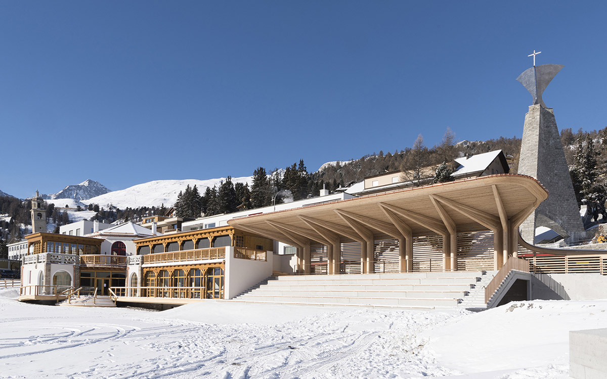 Foster+Partners renovates historic Kulm Eispavillon with wooden-truss canopy in St Moritz